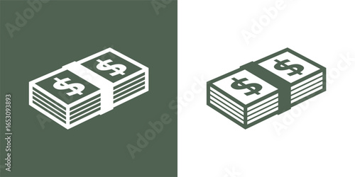 Icon of a stack of money (US Dollar). Attribute of trade or income, bank or wealth. Symbol of cash or salary, finance or currency. Banknote of US currency.
