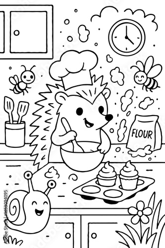A Happy Hedgehog Chef Baking Cupcakes with Bees and Snail Friends - Fun Kitchen Coloring Page