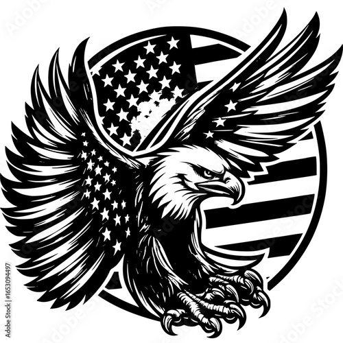 Majestic Eagle in Flight: An artistic rendering of a bald eagle soars with outstretched wings against the backdrop of a flag, evoking feelings of freedom, patriotism, and national pride.