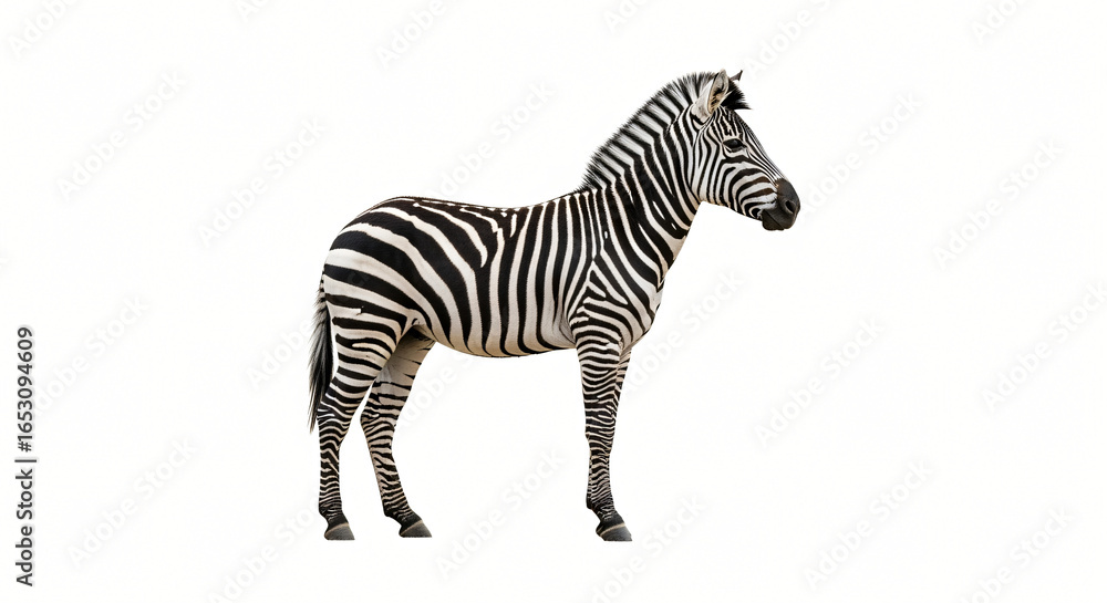 Fototapeta premium Zebra Standing Profile on White Background, Wildlife Portrait