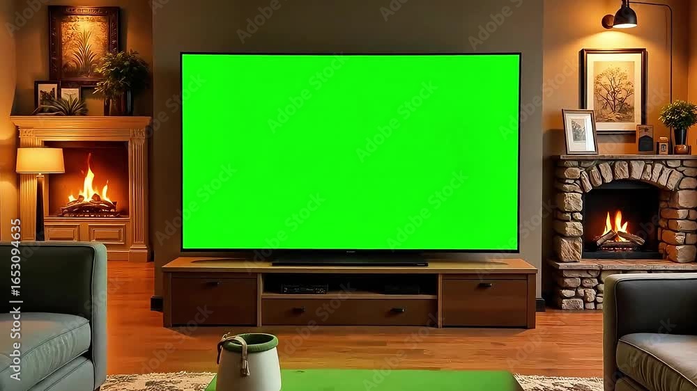 Cozy living room with fireplace and large green screen TV perfect for mockups Cozy living room with fireplace and large green screen TV perfect for mockups
