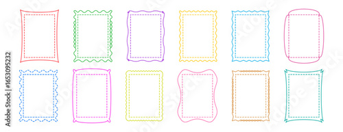 Border dotted thin line, frame plaque icon simple ornament, rectangle shape box, colorful editable stroke. Geometry dash and dash linear photo set isolated on white background. Vector illustration