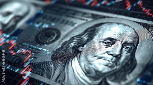 Benjamin Franklin's portrait on a hundred dollar bill, with a stock market graph overlay in the background.