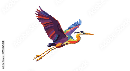 Vibrant multicolored great blue heron in graceful flight, an abstract vector illustration of a wild bird with colorful wings isolated on white.