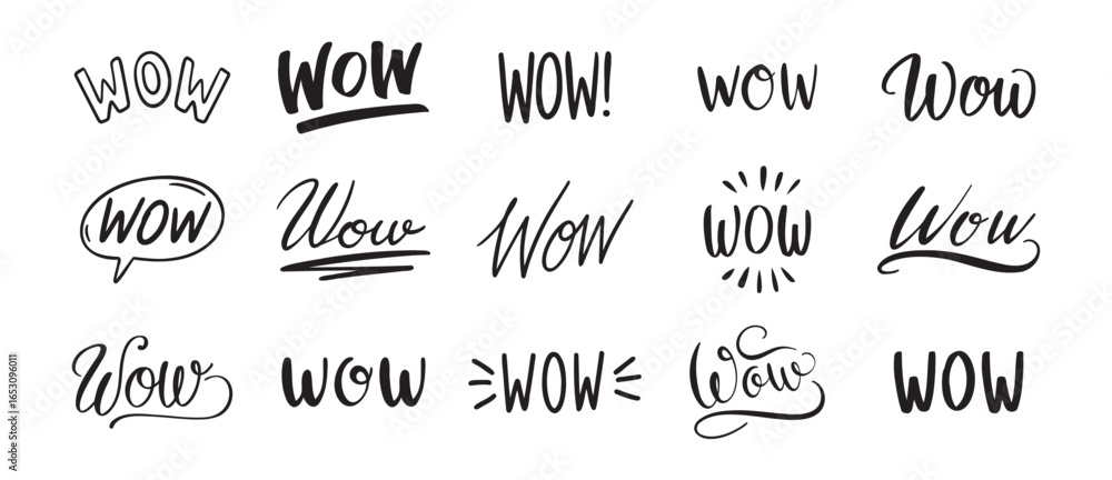 Fototapeta premium word WOW hand drawn lettering phrase or quote set. wow modern freehand style isolated on white background for print clipart.