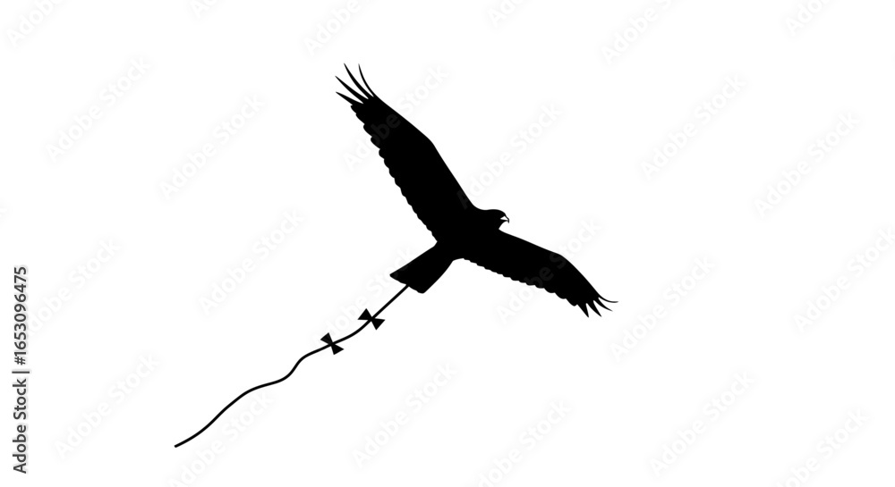Obraz premium Silhouette of a Bird of Prey Kite Flying Against a White Background, Symbolizing Freedom and Nature
