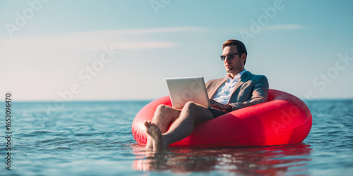relaxes flexible work, financial freedom, work life balance, self employment business, passive income concept, funny businessman working floating in ocean sea in summer
