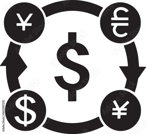 Stylized silhouette of rotating arrows encircling various currency symbols representing financial exchange and global transactions in a clean modern design