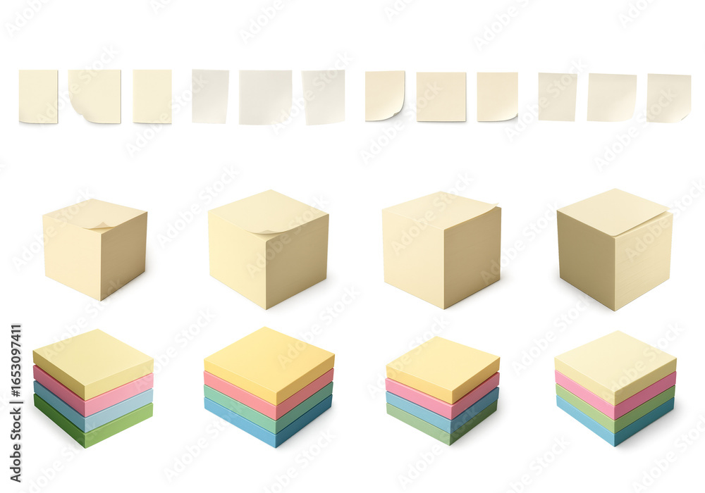Fototapeta premium Assorted sticky notes and pastel memo pads isolated on transparent background; sticky note set includes stacked square blocks with curled edges in office or school theme