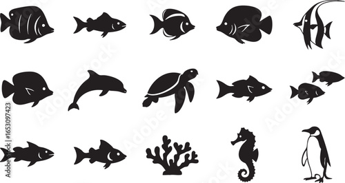 Aquatic animals and coral silhouettes collection fish, fish, dolphin, turtle, seahorse, penguin, coral, sea life, ocean, underwater, aquatic, animal, silhouette, illustration, graphic, design, vector,