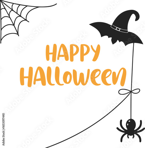 Vector art of a festive halloween design featuring a witchs hat a spider hanging from a web and the words happy halloween