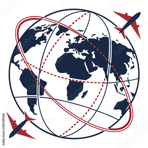 Global air travel with airplanes circling earth, representing international flights and worldwide connections for business, tourism