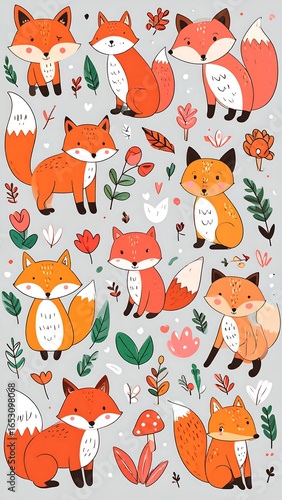 Cute foxes and flowers pattern