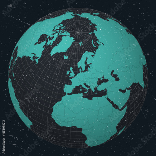 Luxembourg on Globe. Vintage look with grunge scratched texture. Country view on world map in Dark Charcoal Turquoise color palette. Luxembourg shape on map. Globe with meridians and parallels.