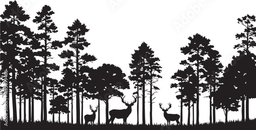 Deer and pine forest silhouette landscape on white background, deer, stag, buck, doe, fawn, animal, mammal, wildlife, nature, forest, woods, trees, pine, conifer, evergreen, landscape, silhouette, bla