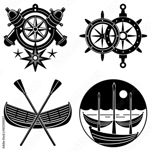 Nautical themed illustration with cannons, compass, ship wheels, boat and oars, and viking ships art