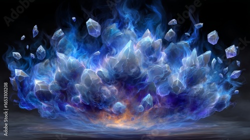Ethereal Explosion of Blue Flames Surrounded by Floating Crystals Creating a Mystical Atmosphere