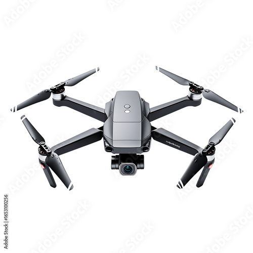 Modern silver drone with four propellers viewed from above isolated on transparent background