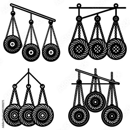 Four illustrations of pulley systems with three wheels suspended by ropes from a horizontal bar