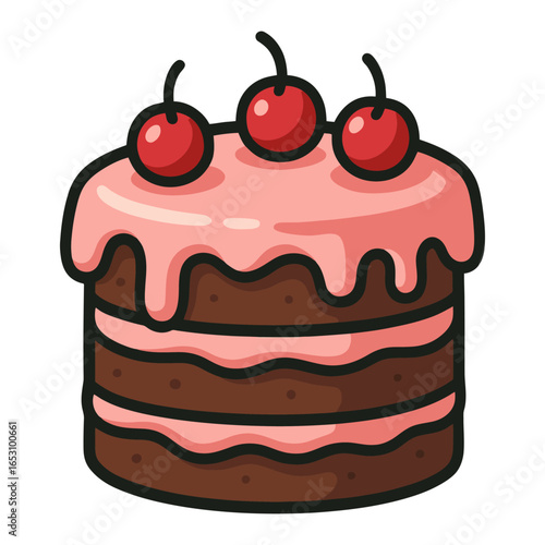 A cartoon cake with three cherries on top. The cherries are red and the cake is pink