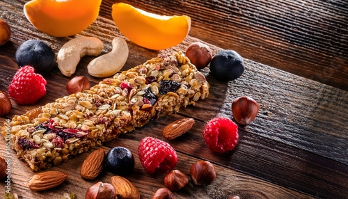 a granola bar surrounded by nuts and fruits on a rustic wooden surface