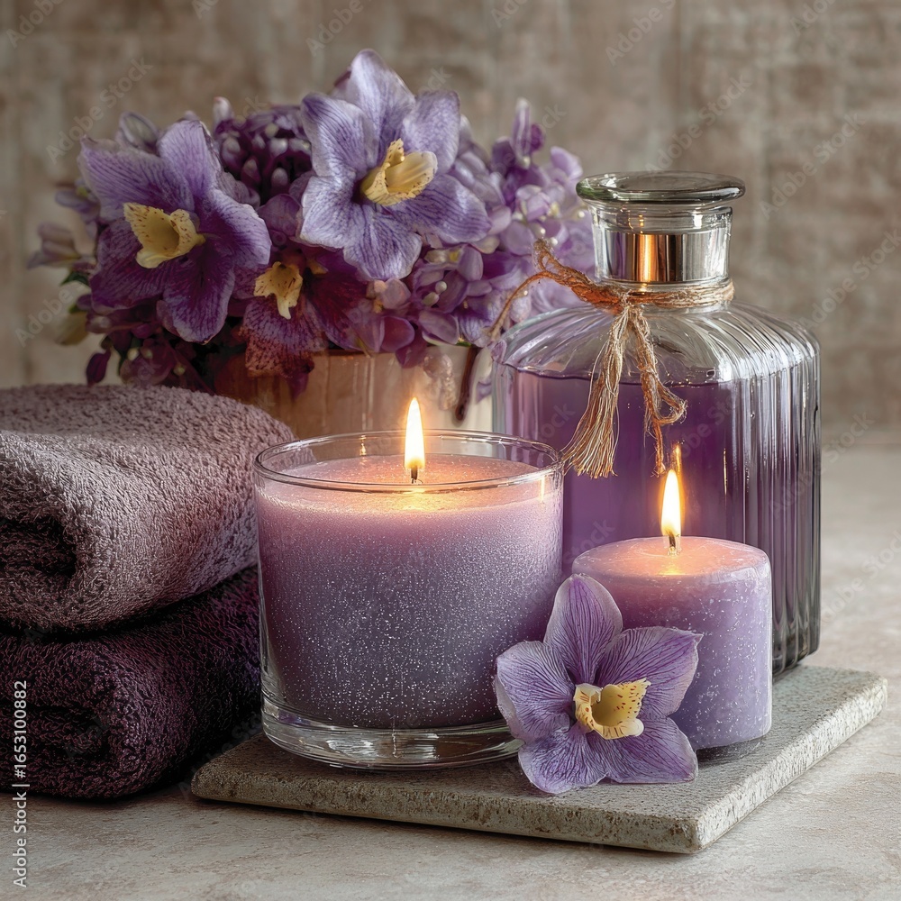 Relaxing candles and lavender flowers in a calming arrangement. Relaxing candles and lavender flowers in a calming arrangement.