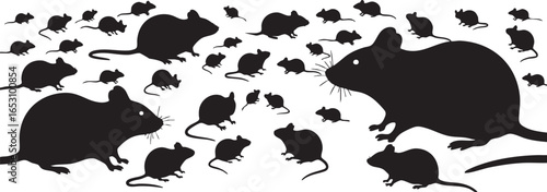 Numerous black mouse silhouettes scattered across a white surface, mouse, rodent, rat, small animal, pet, pest, silhouette, scattered, numerous, group, collection, black and white, isolated, white bac