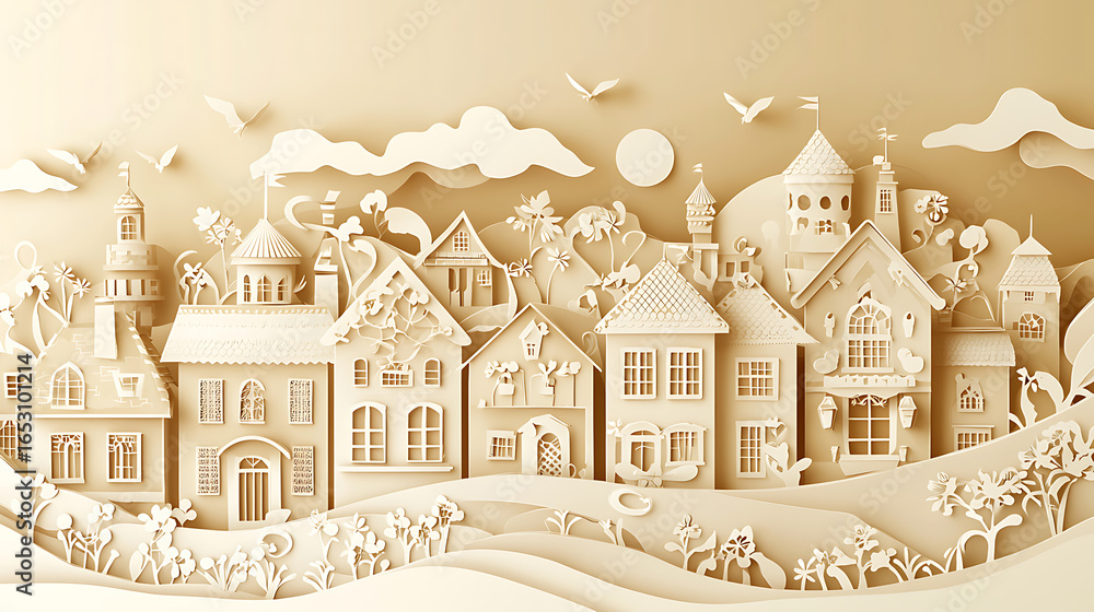 Obraz premium A charming papercut village scene showcasing architectural details and a whimsical atmosphere for creative projects