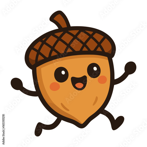 A cartoonish acorn with a smiling face and a hat on its head. It looks like it's having fun and is running