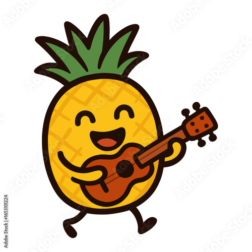 A cartoon pineapple is playing a ukulele. The pineapple is smiling and he is happy while playing the instrument