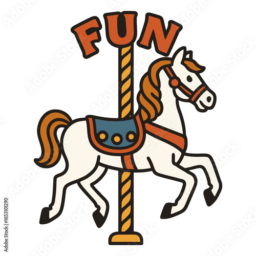 A horse is riding on a carousel with the word Fun written on it. The horse is the main focus of the image, and the carousel is the background
