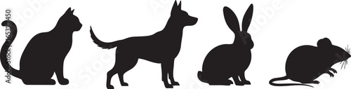 Silhouettes of domestic animals cat dog rabbit mouse, cat, dog, rabbit, mouse, pet, animal, domestic, silhouette, black, white, background, illustration, graphic, icon, vector, collection, set, group,