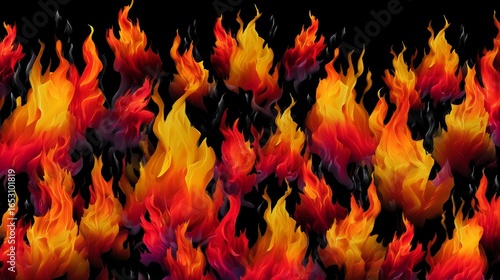 Vibrant Stylized Flames in Red, Orange, and Yellow on a Black Background