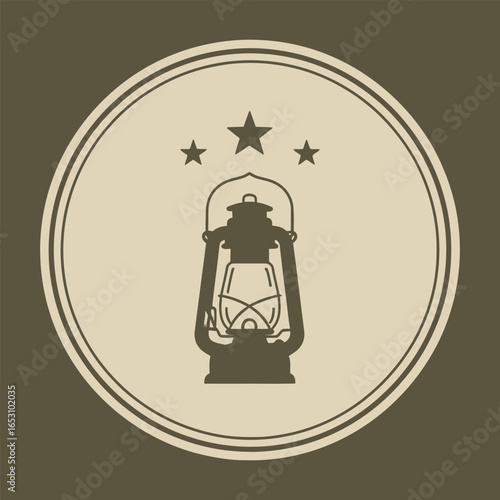 Vintage lantern glows softly inside a circular emblem with stars, evoking a sense of nostalgia and rustic charm with its simple, stylized aesthetic.