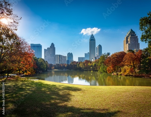 serene view of piedmont park in atlanta with city skyline