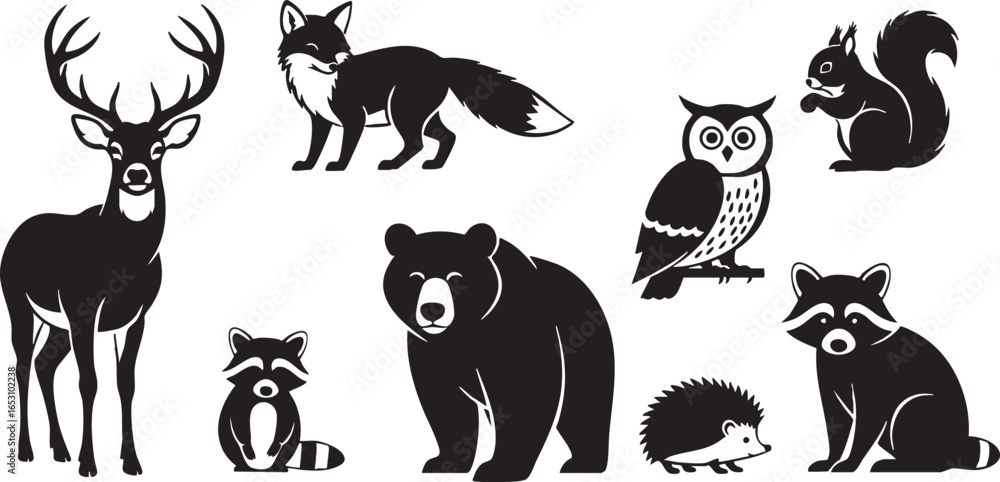 Obraz premium Woodland Animal Silhouettes Collection on White Background, animal, animals, silhouette, wildlife, forest, woodland, nature, mammal, wild, illustration, graphic, design, element, vector, drawing, blac