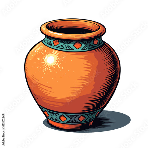 Decorative terracotta pot in vibrant orange color with stylish blue patterns