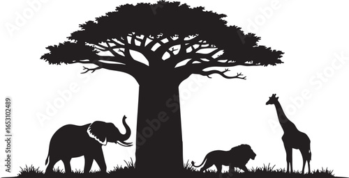 African savanna scene with baobab tree elephant lion giraffe, africa, savanna, baobab tree, elephant, lion, giraffe, wildlife, nature, landscape, scene, silhouette, tree, grass, animals, wild animals,