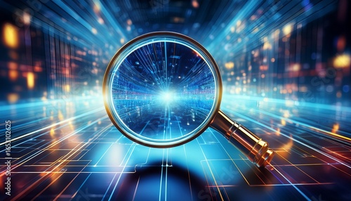 Wallpaper Mural a 3d magnifying glass focusing light beams on search results floating in a virtual space symbolizing precision in search Torontodigital.ca