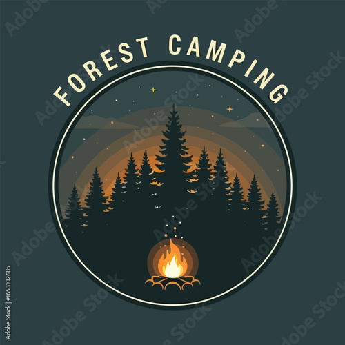 Campfire burning brightly in forest clearing under starry night sky, creating warm and inviting atmosphere for outdoor adventure and relaxation.