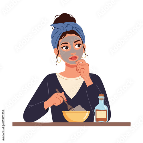 A young woman with a blue headband and a clay face mask thoughtfully mixes a homemade cosmetic treatment in a bowl.
