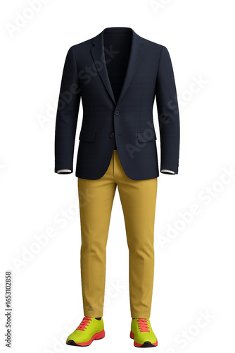 Stylish Men's Fashion Outfit: Navy Blazer, Mustard Pants, and Neon Sneakers