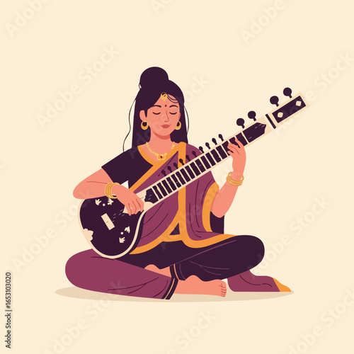 A beautiful Indian woman in traditional attire sitting cross-legged and playing the sitar.