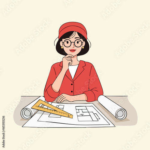 A professional female architect in a red hat and glasses thoughtfully reviews blueprints at her desk.