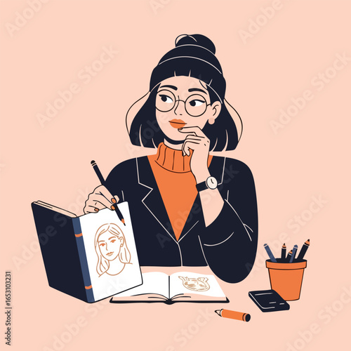 A stylish young woman with glasses and a beanie thoughtfully drawing a portrait in her sketchbook at a desk.