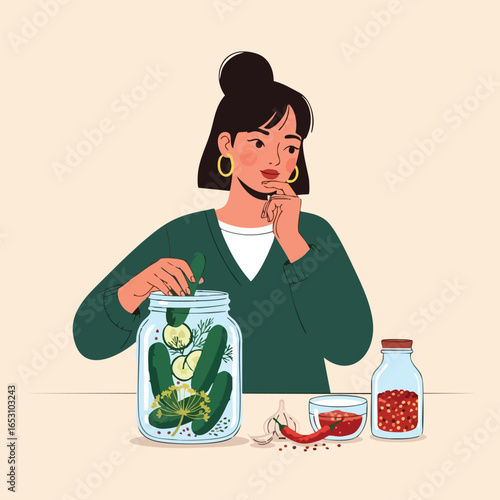 A young woman thoughtfully preparing a jar of homemade pickles with fresh cucumbers, dill, and spices.