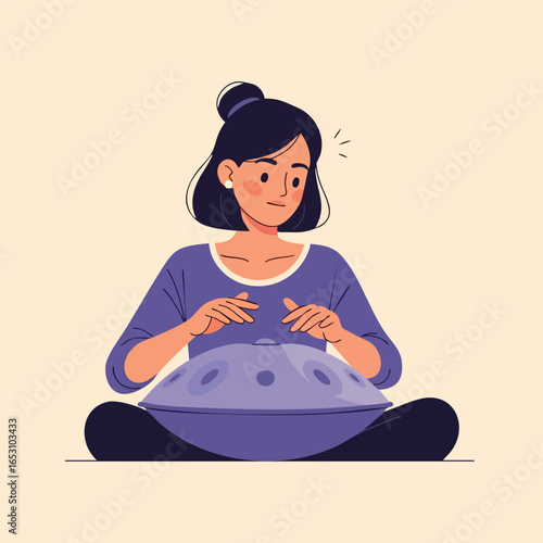 A young woman with dark hair sits cross-legged, playing a handpan drum with a focused expression.