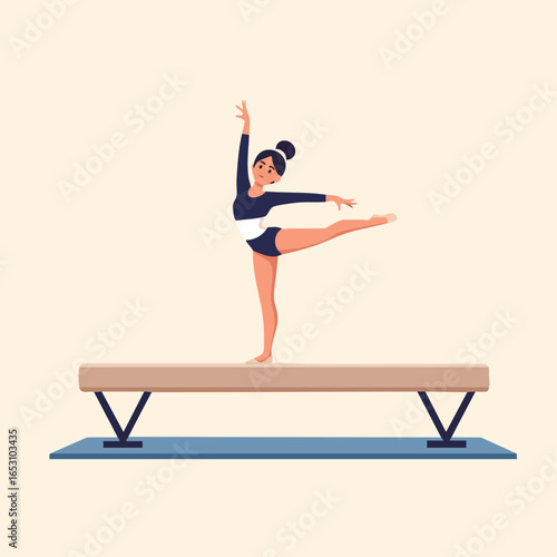A graceful female gymnast in a dark leotard performs a routine on a wooden balance beam.