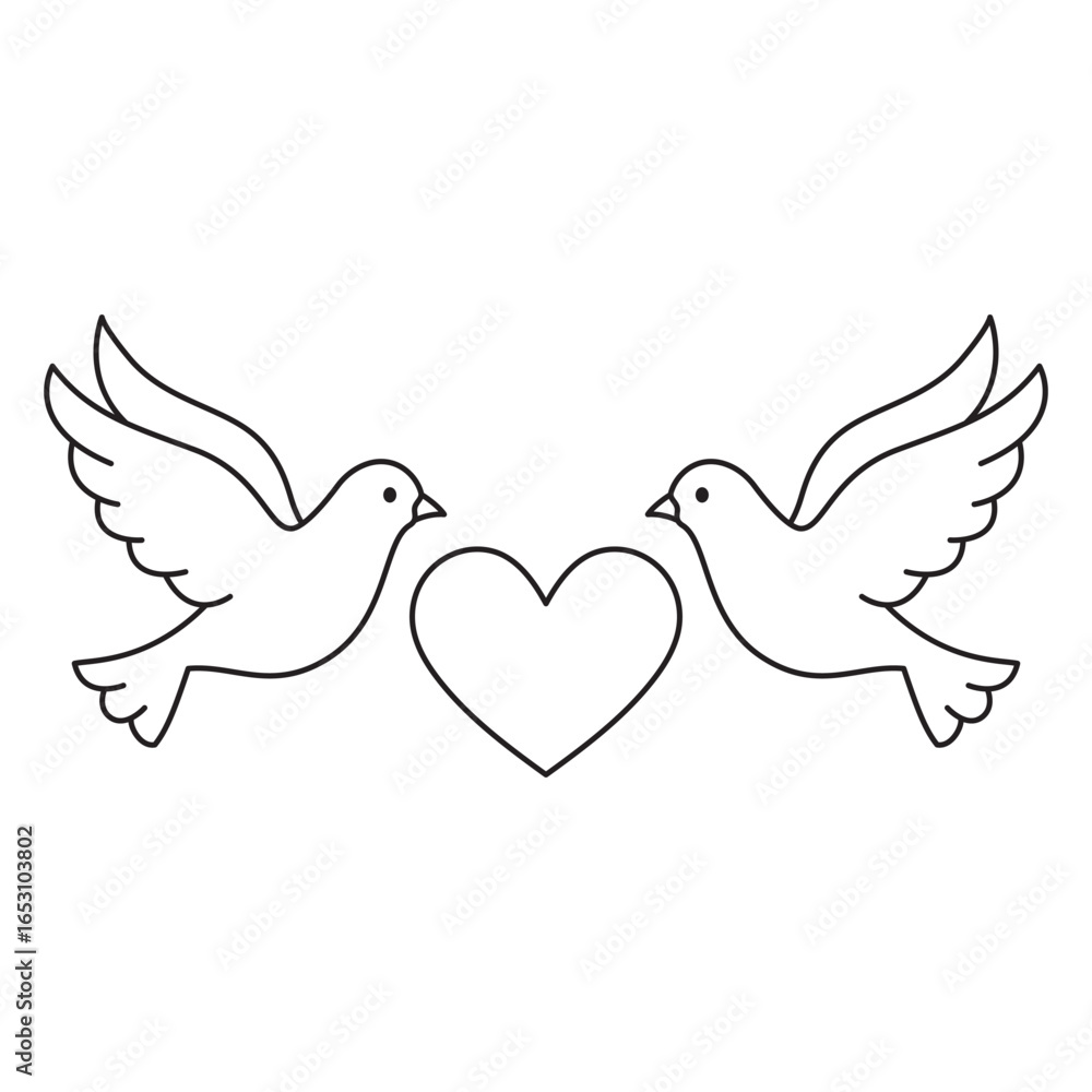 Obraz premium Two doves with a heart line icon.