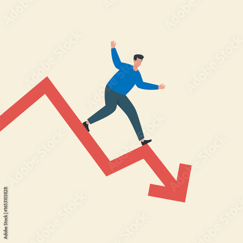 Man Falling Down Red Arrow.  Business Crisis and Failure Concept